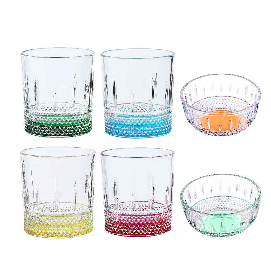 Sanjeev kapoor OSLO COLORED Glass and Bowl PARTY SET | 4 pcs 330 ml + 2 pcs 300 ml