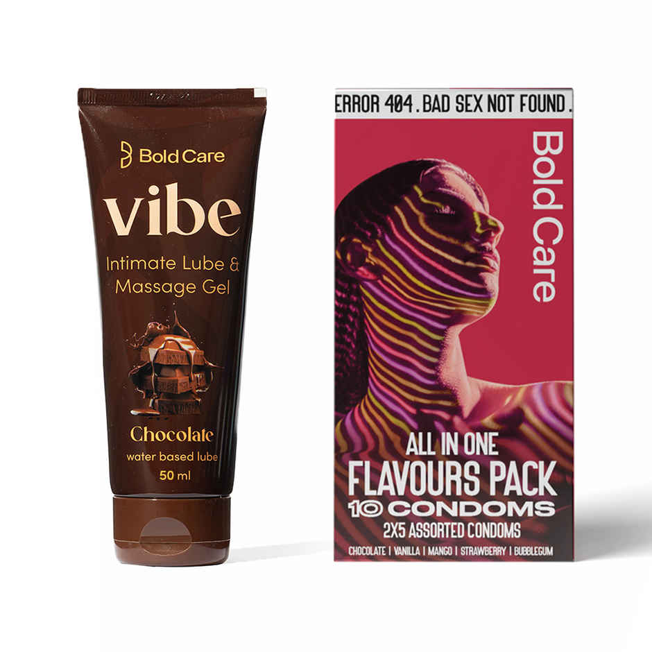 Bold Care Vibe Chocolate Water Based Lube (50ml) & Bold Care 404 By All-In-One Flavours Pack Condoms - Chocolate, Strawberry, Mango, Vanilla, & Bubblegum (10pc) Combo