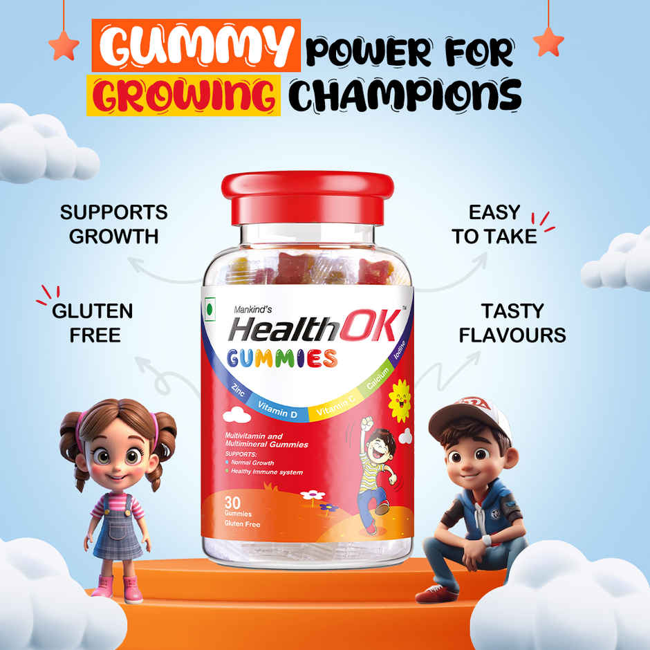 Health OK Multivitamins tasty Gummies for Kids (with Vitamin C, Vitamin D, Vitamin B12, B6, Zinc for growth development immunity)