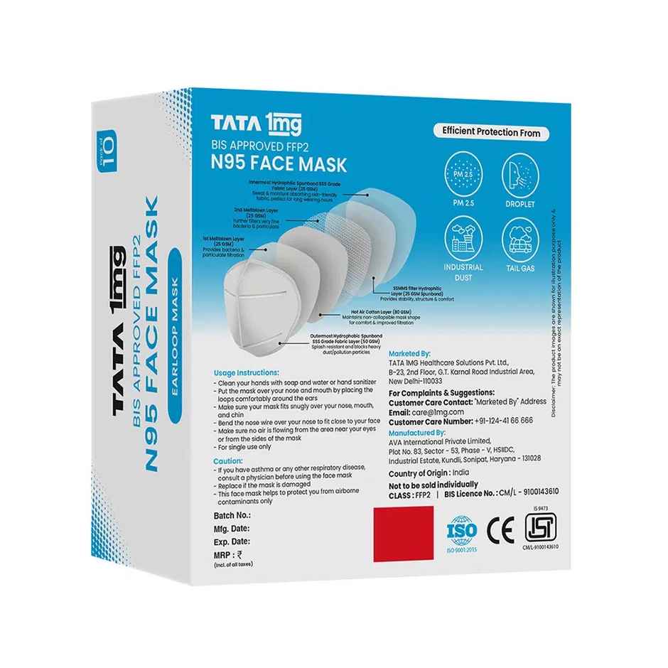 Tata 1mg Bis Approved Ffp2 N95 Mask White Pack Of 10