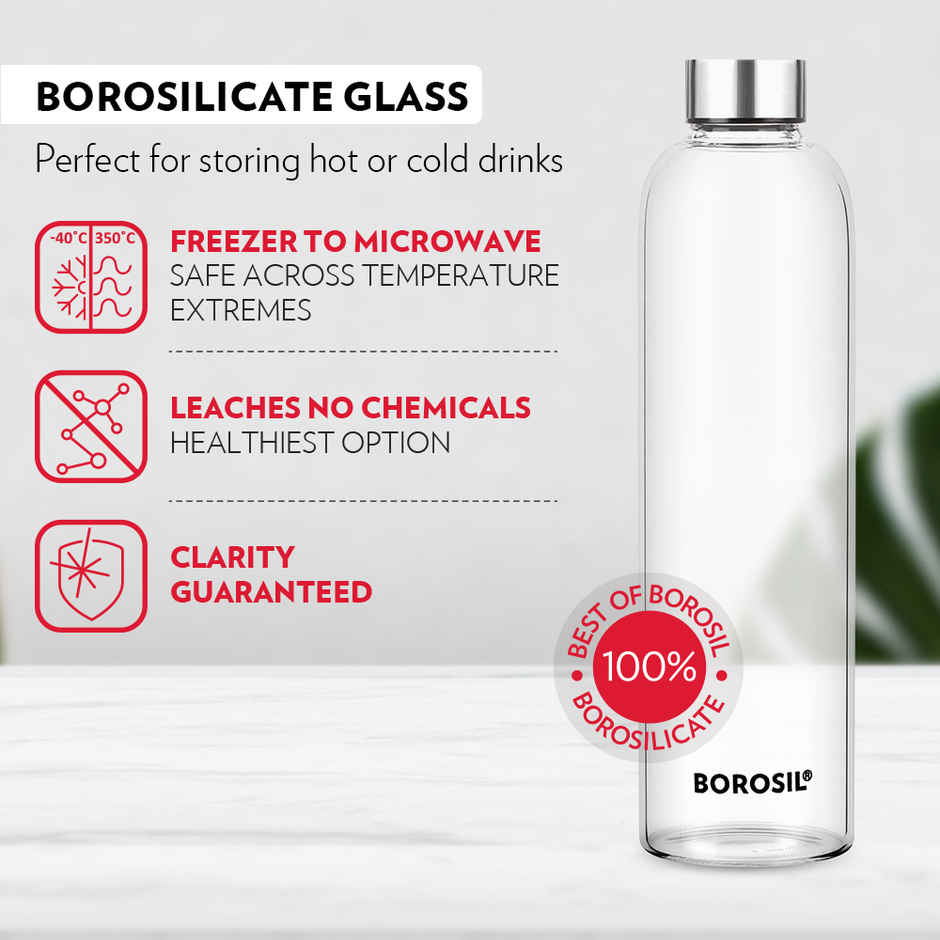 Borosil Crysto Narrow Mouth Borosilicate Glass Water Bottle with Steel Lid | 1 L