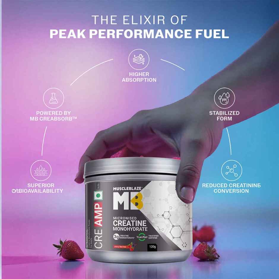 MuscleBlaze Micronised Creatine Monohydrate CreAMP Powder Juicy Berries | 30 Servings
