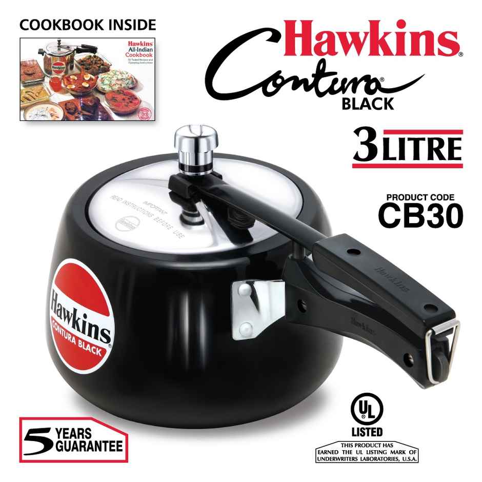 Hawkins 3 Litre Contura Black Pressure Cooker Hard Anodised Inner Lid Cooker Handi Cooker - Black