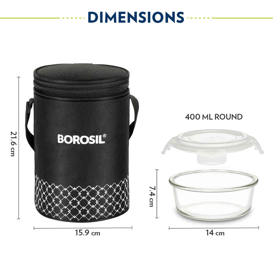 Borosil Zeal Round Glass Lunch Box with Bag | Microwave Safe | 400 ml