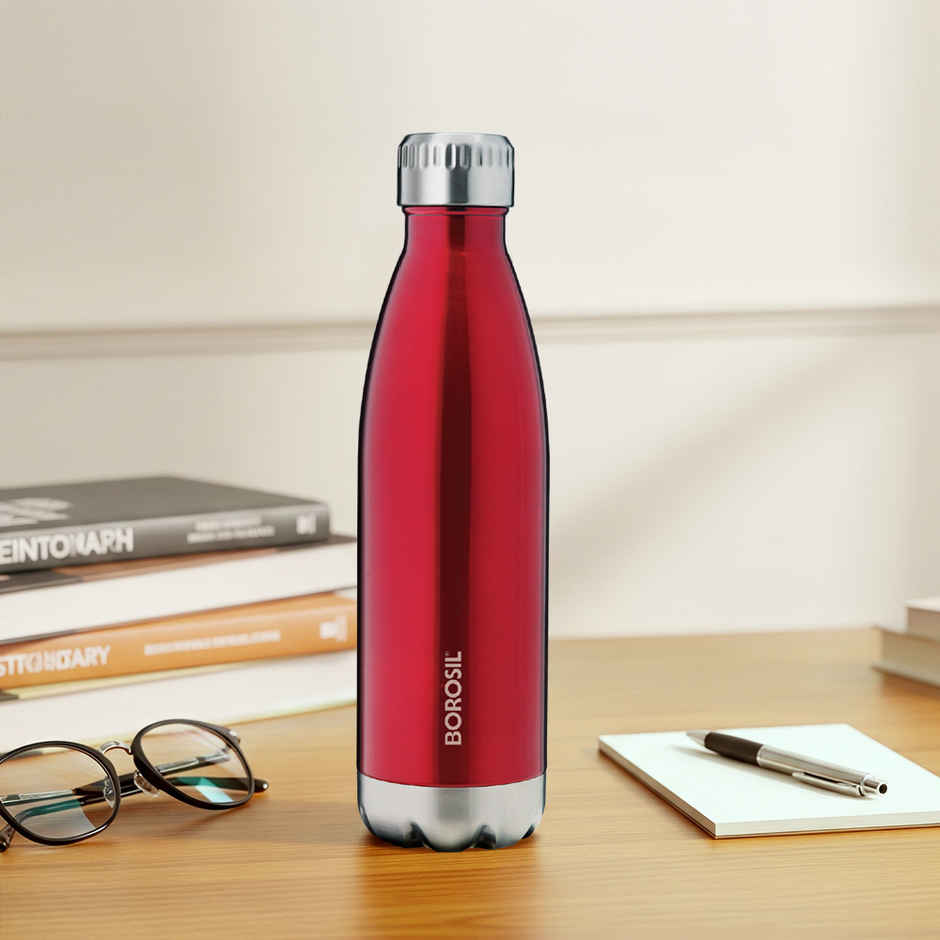 Borosil Bolt Double Wall Vacuum Insulated Stainless Steel Water Bottle | Trans Red | 500 ml