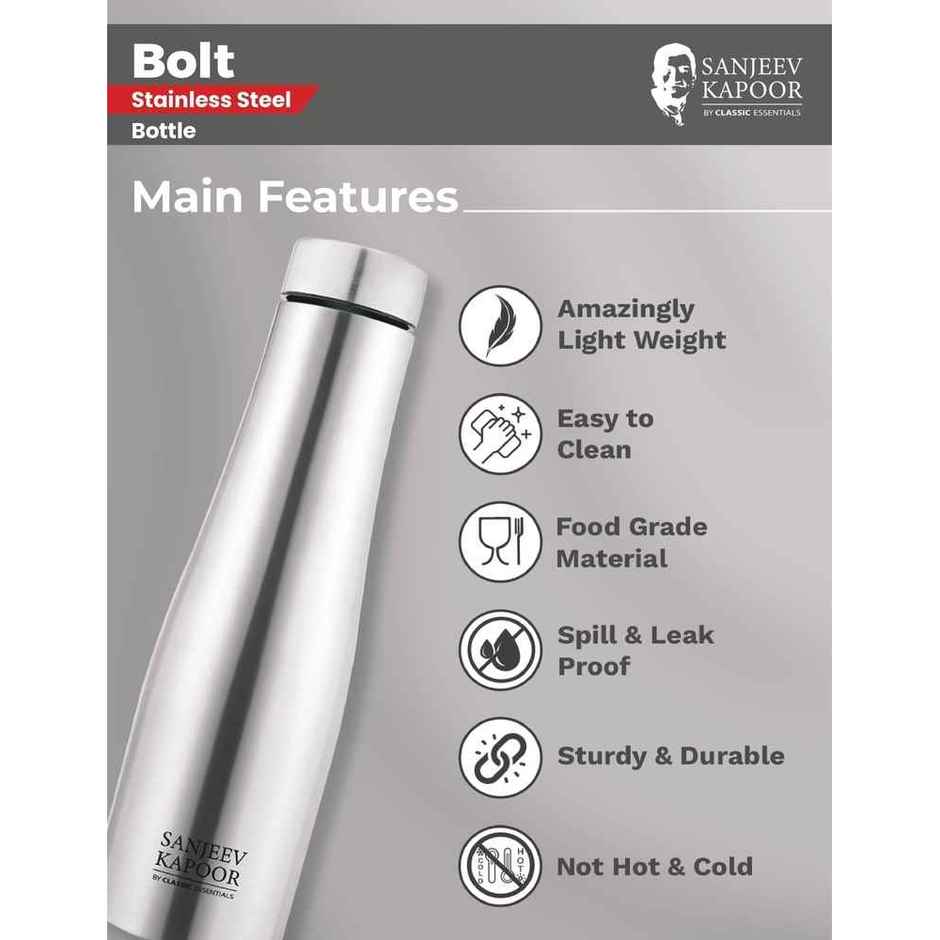 Classic Essentials Stainless Steel Inox Bolt Single Wall Water Bottle | Silver | 1 L