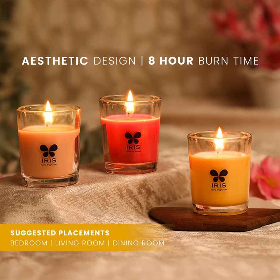 IRIS Shot Glass Scented Candle | Damask Rose, Peach Pomegranate And Mango Sorbet