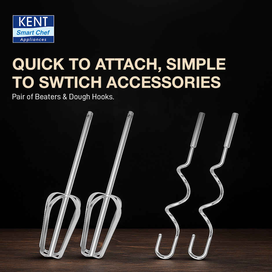 Kent 16051 Hand Blender 300 Watt, 5 Variable Speed Control, Multiple Beaters & Dough Hooks, Turbo Function, Plastic - White