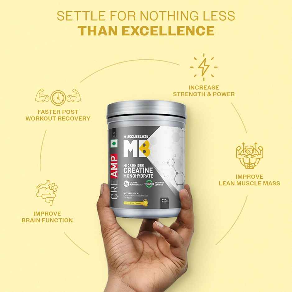 MuscleBlaze Creatine Monohydrate CreAMP with CreAbsorb | 80 Servings | Citrus Blast