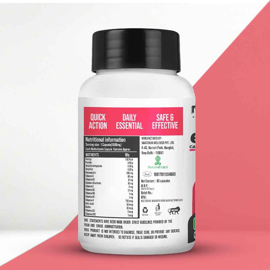 Getmymettle Multivitamin For Women And Men, With Ginseng, 12 Vitamins, Stamina & Immunity