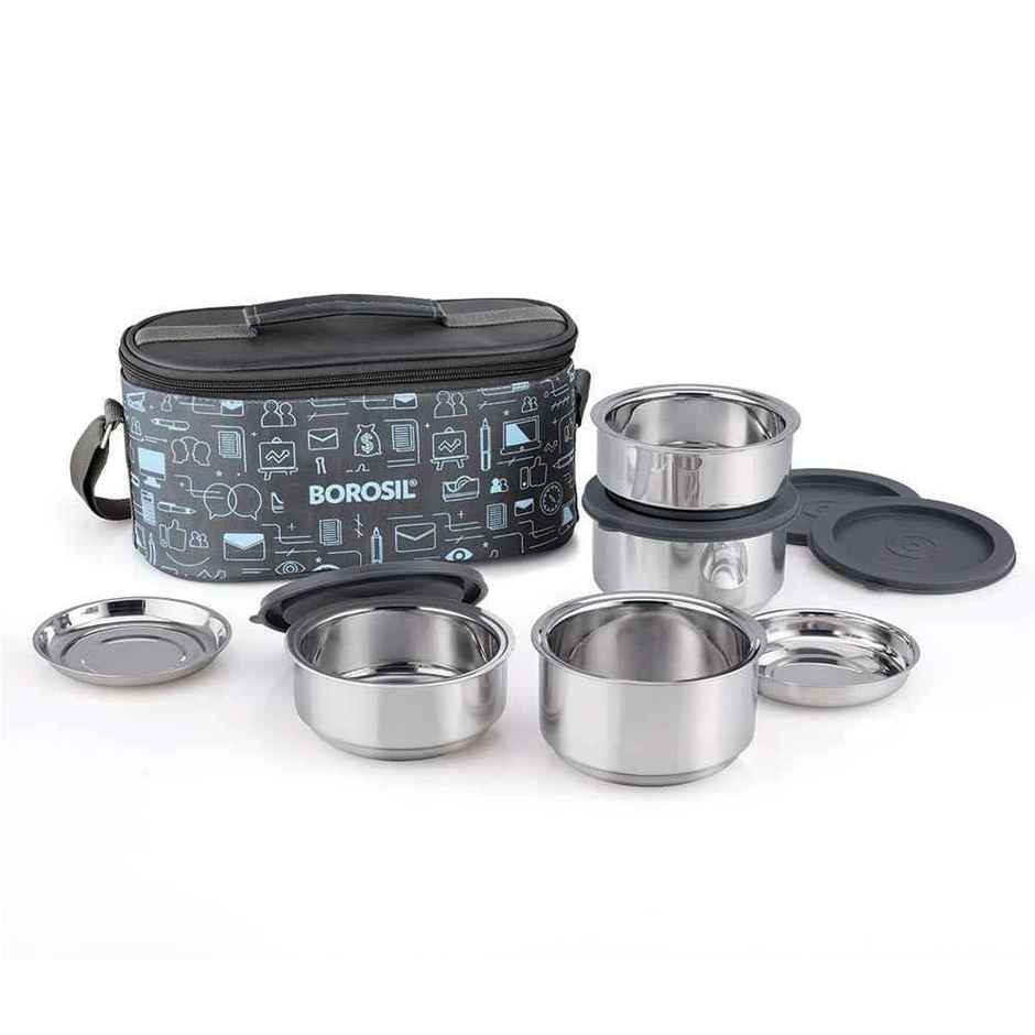 Borosil Carry Fresh Stainless Steel Insulated Lunch Box With Bag (280 ml x 2 + 180 ml x 2)