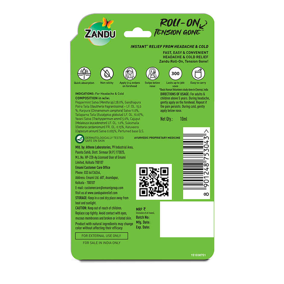 Zandu Roll-On Tension Gone, Instant Relief from Headache & Cold