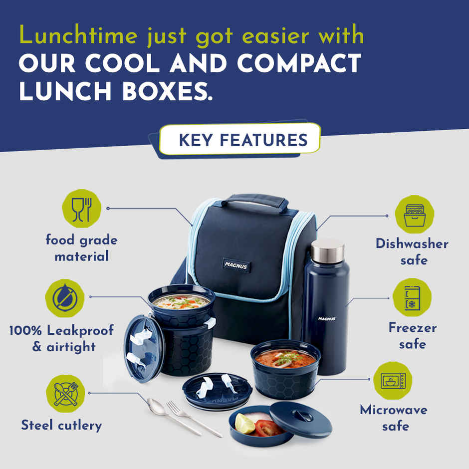 Magnus Neo 5 Lunch Tiffin - 3 Microwave Safe Inner Steel Containers Dabba Bottle Spoon And Fork