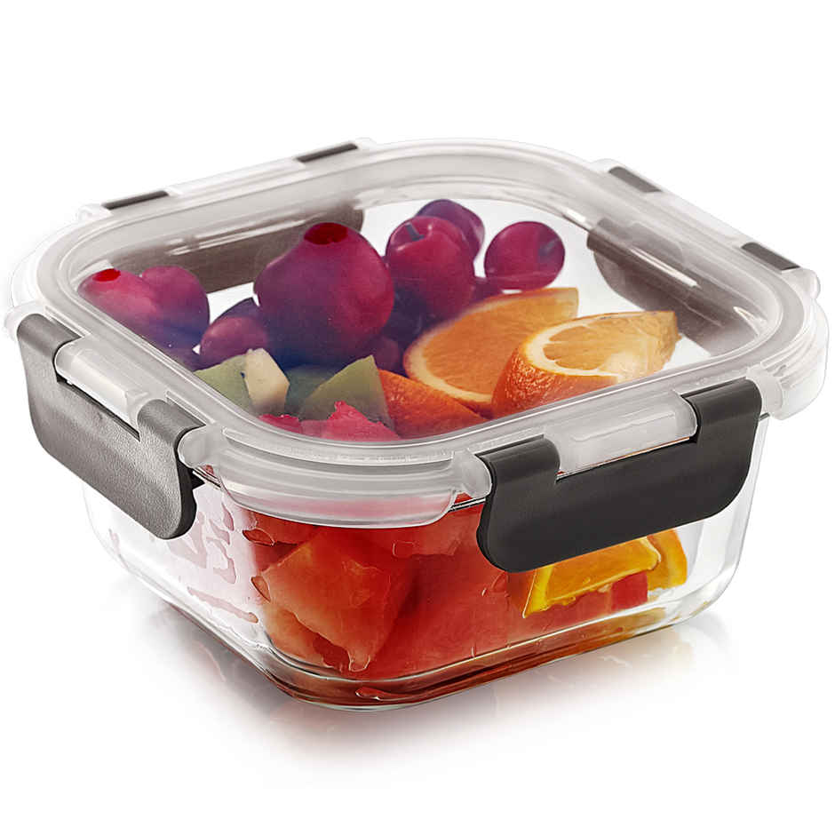 Magnus Glock 520 ml Square Grey Container with Airtight Lid & Detachable Lock, Borosilicate Glass