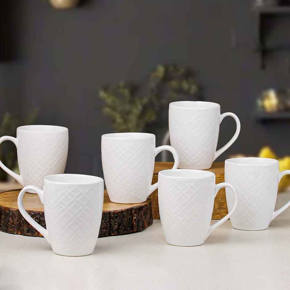 The Earth Store White Check 400 ml Ceramic Coffee Mug Microwave Safe Mug for Gift