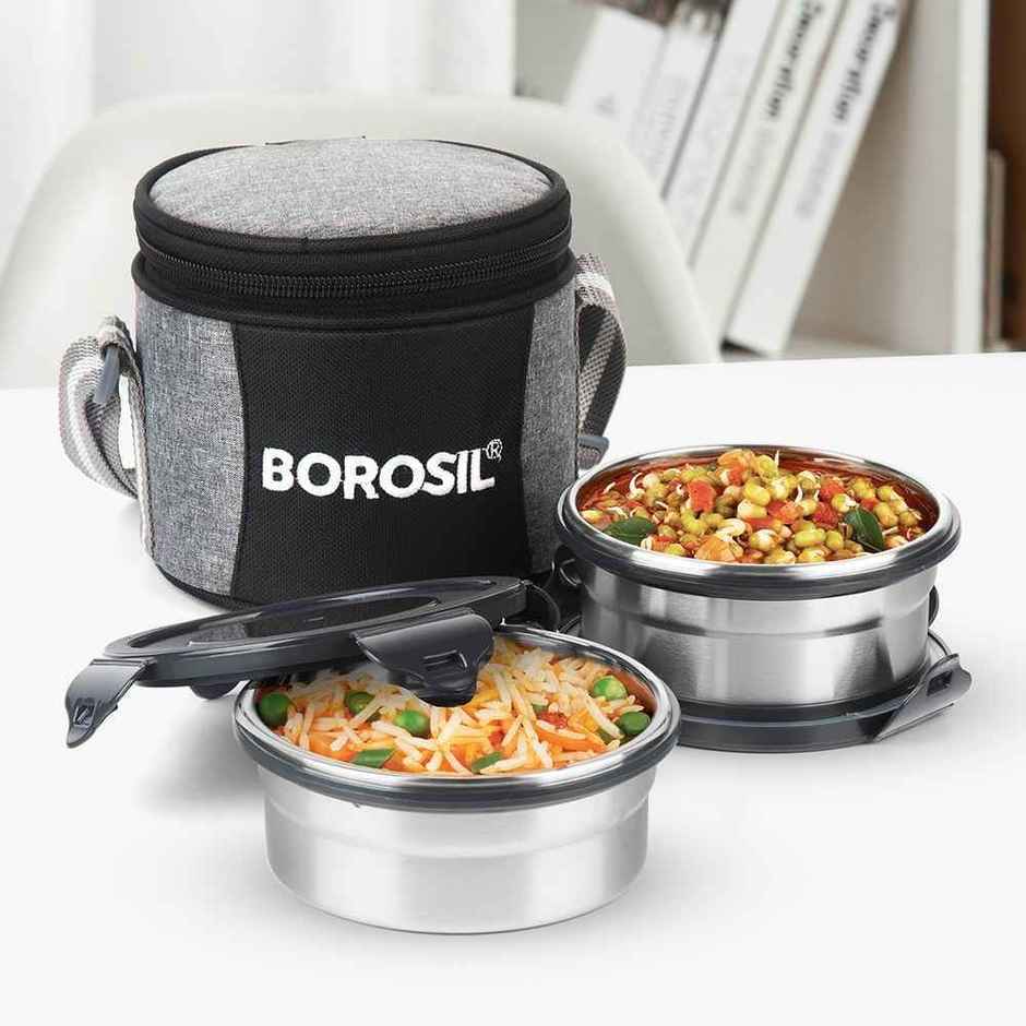 Borosil Feast Stainless Steel Lunchbox with Carry Bag Vertical Tiffin for Office School College