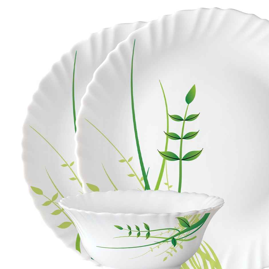 Larah By Borosil Green Herbs 13Pc Dinner Set Opalware Crockery For Dining & Gifting - White