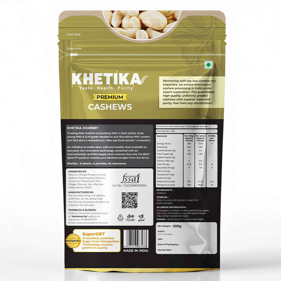 Khetika Premium Cashews | Kaju Whole | Unpolished | Rich in Fiber