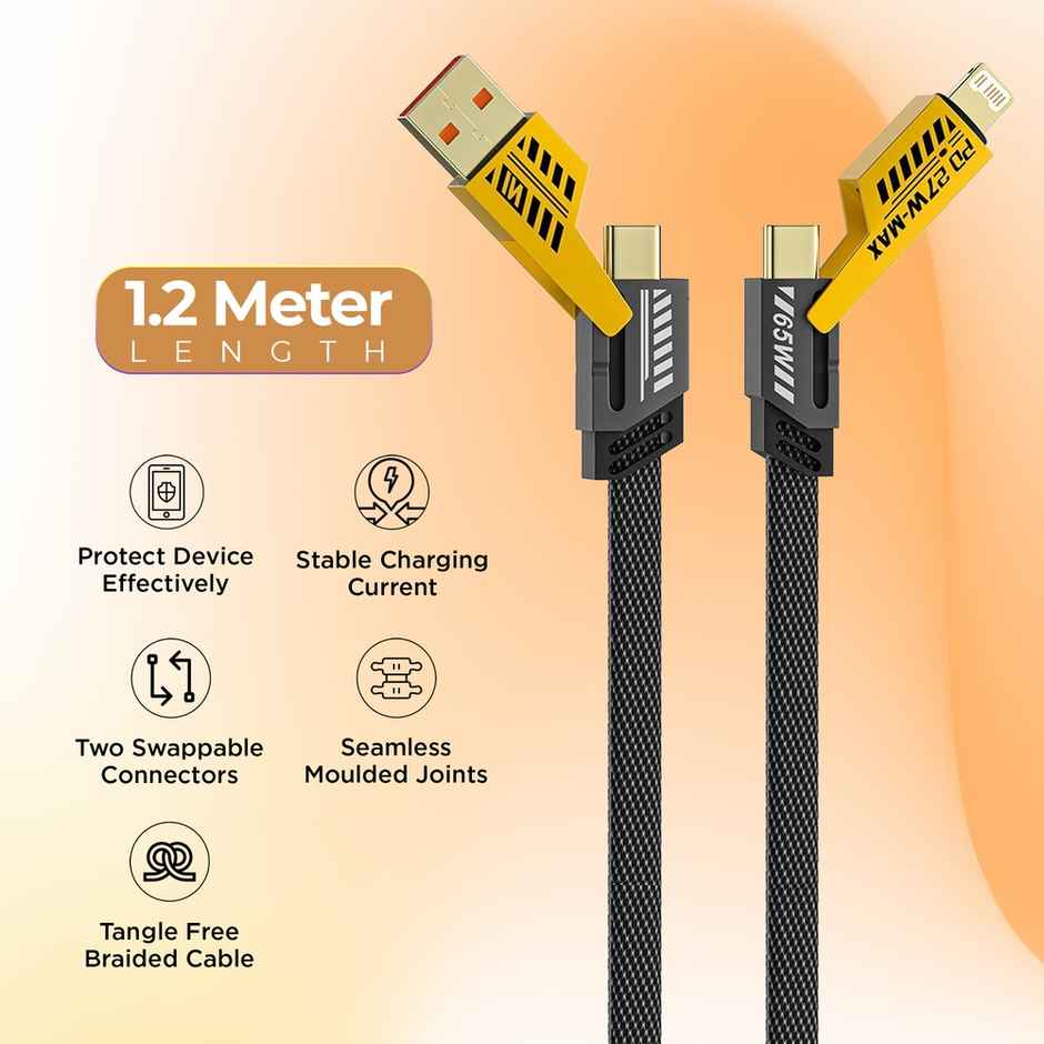 Gizmore 4 in 1 Multi Fast Charging Cable 65W| USB C to C| Lightning & Type C for iPhones| Android