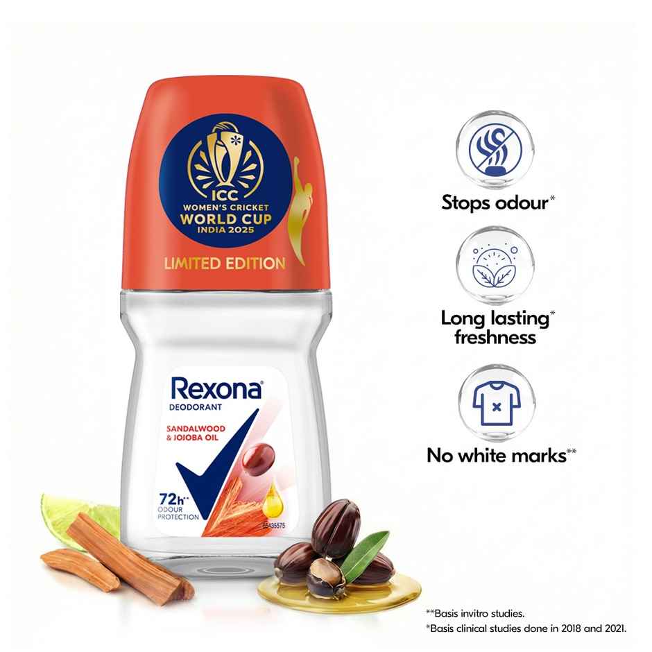 Rexona Antiperspirant Roll-on | Sandalwood & Jojoba Oil, 12-HAS & Glycerin