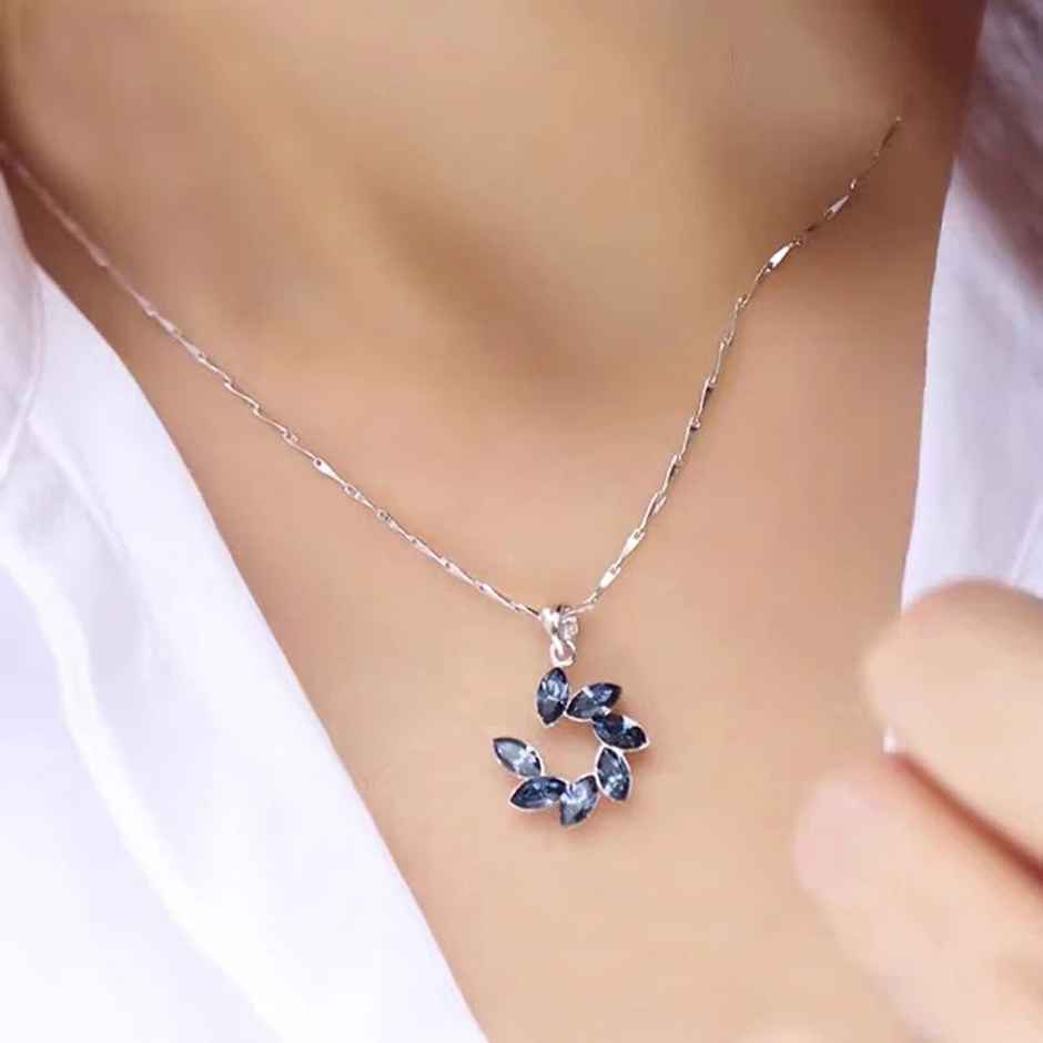 Shining Diva Fashion Silver Plated Blue Crystal Chain Pendant Necklace for Women and Girls 14617np