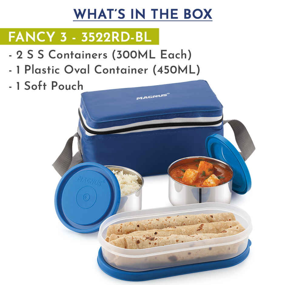 Magnus Fancy 3 Steel Lunch Box Set With Stainless Steel Washable Cover, And Stylish Carry Bag