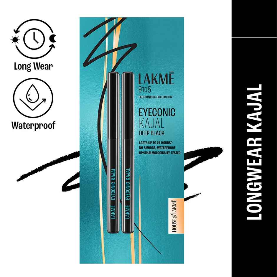 Lakme 9 to 5 Eyeconic Kajal Twin Pack, lasts upto 24hrs, Pack of 2- Deep Black
