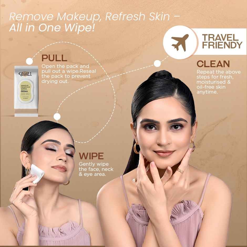Glam21 Makeup Remover Wipes| Fragrance Free Pre-moisturized 100% Cotton Fabric for Face Cleansing