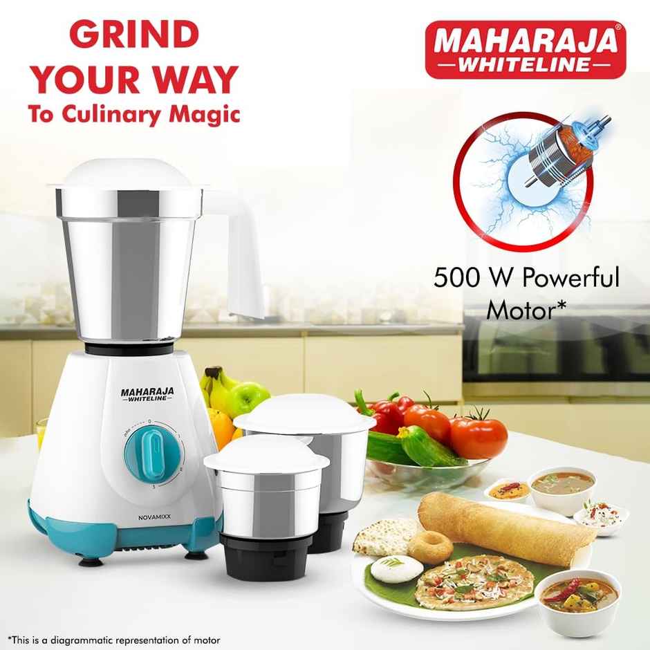Maharaja Whiteline Novamixx Mx - 277 Mixer Grinder | 500 W | 3 Jars | Turquoise and White