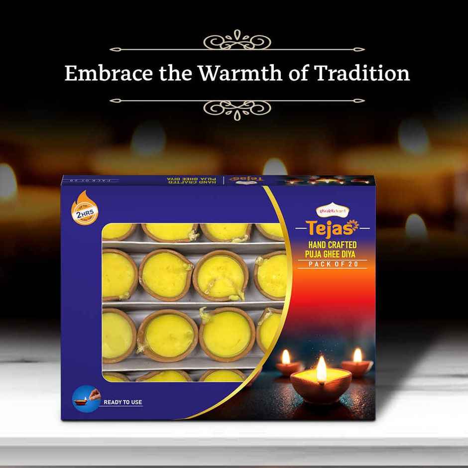 Tejas Hand Crafted Clay Based Puja Ghee Diya | Yellow | Traditional | Terracotta | Pack of 20 | Shubhkart