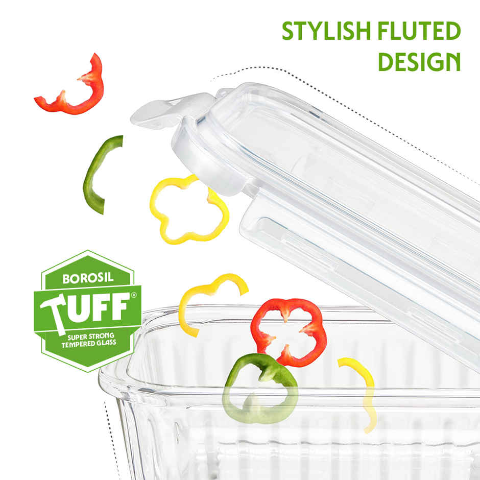 Borosil Fluted Klip N Store Rectangle Food Storage Container Borosilicate Glass Microwave Safe