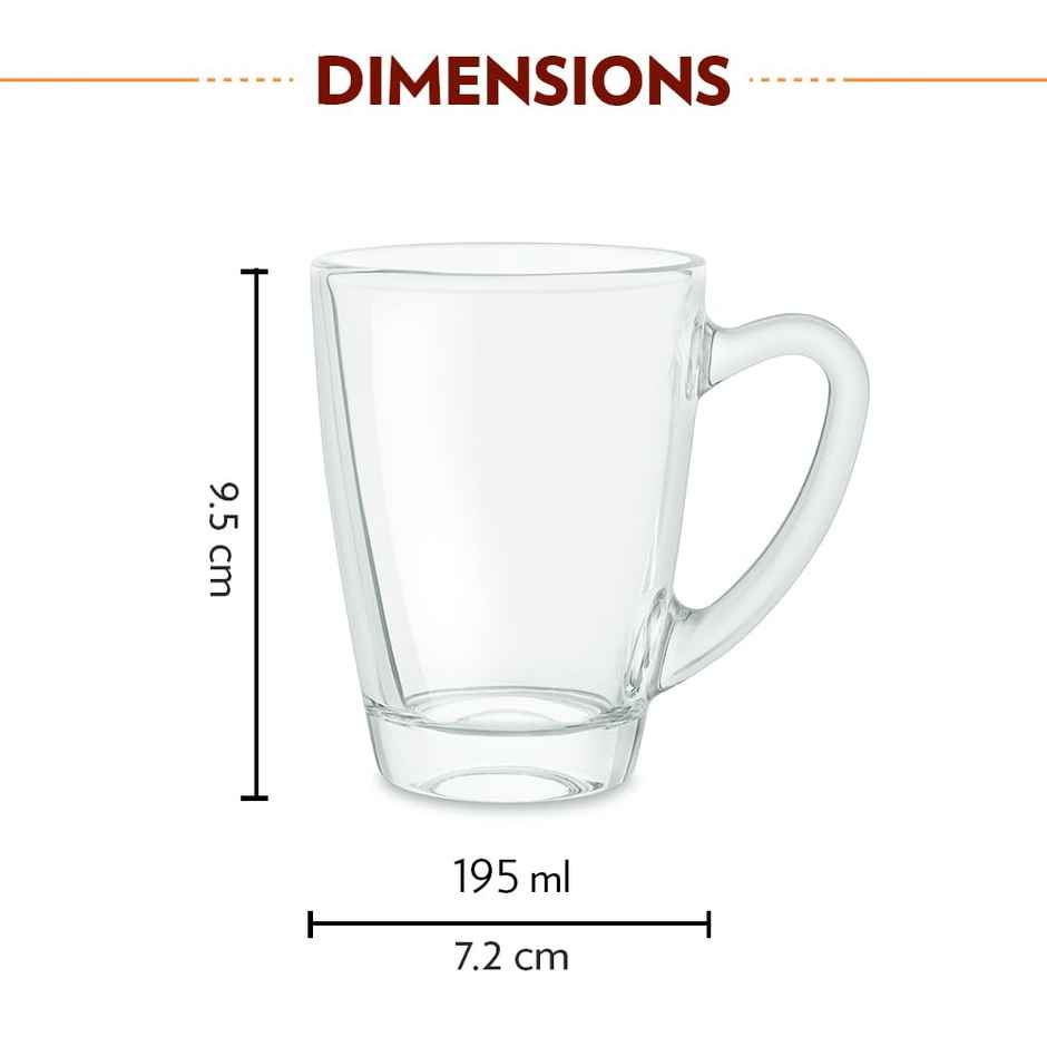 Borosil Serene 195 ml Tea/Coffee Mug Set of 6 Pc, Borosilicate Tuff Glass