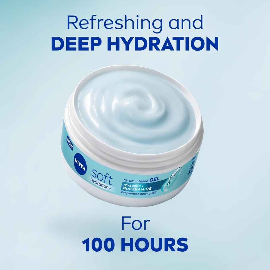 NIVEA Soft Gel Moisturizer, Hyaluron & Niacinamide, 100Hr Hydration, Serum Infused Gel