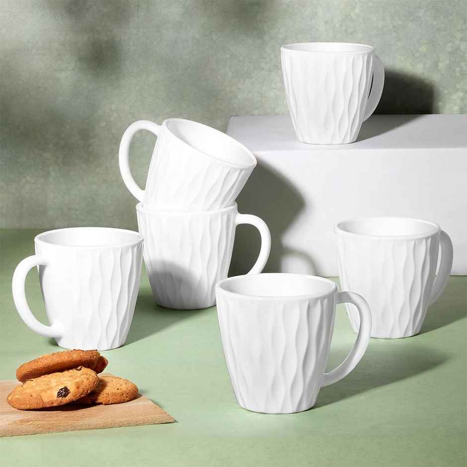 Larah By Borosil Curl Opalware Cup, Set Of 6 Tea/Coffee Cups, 160 ml Each, Crockery Set, White