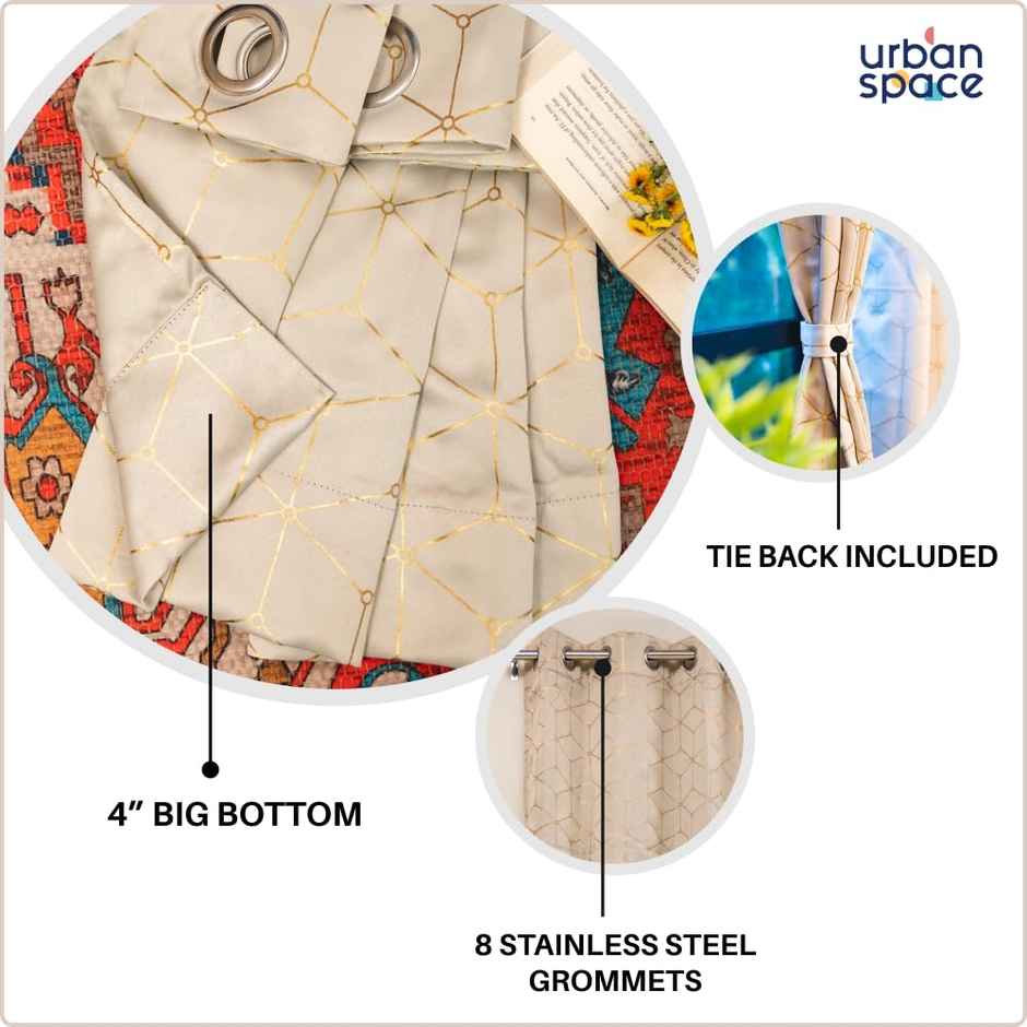 Urban Space Blackout Window Curtains for Living Room, Gold Foil Printed 1 Piece - Hexagon Beige