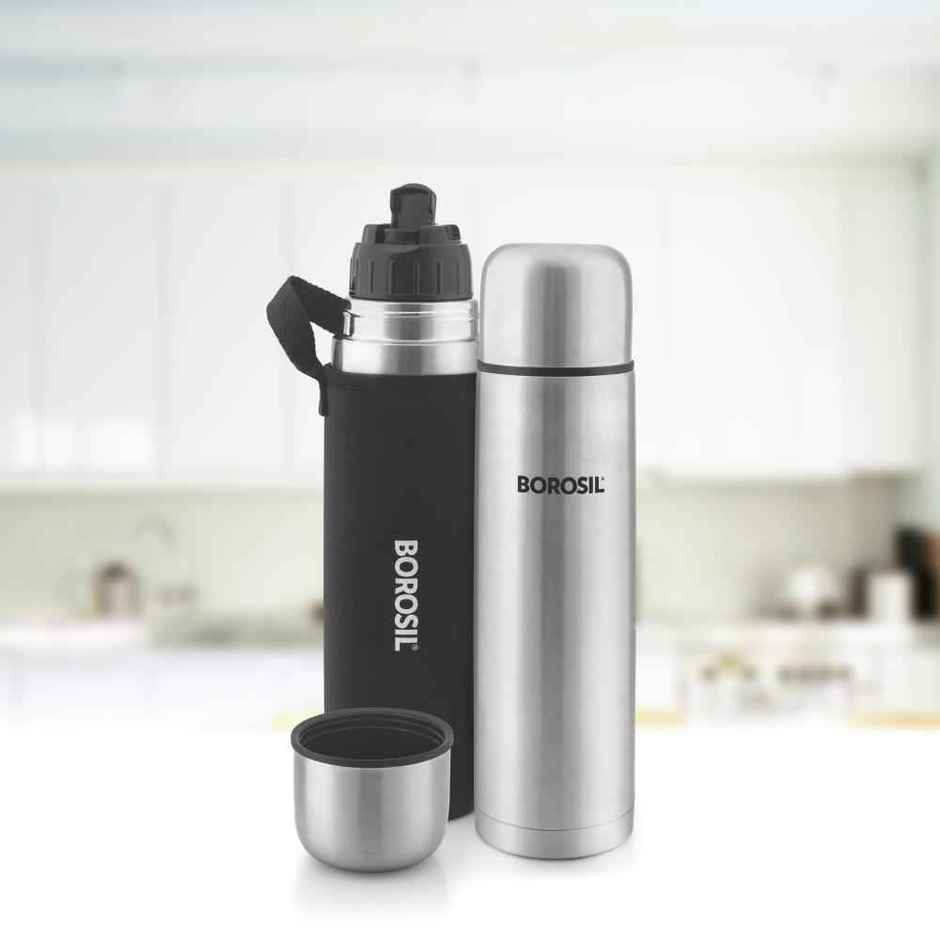 Borosil Stainless Steel Hydra Thermo Vacuum Insulated Flask Water Bottle | 750 ml | Black
