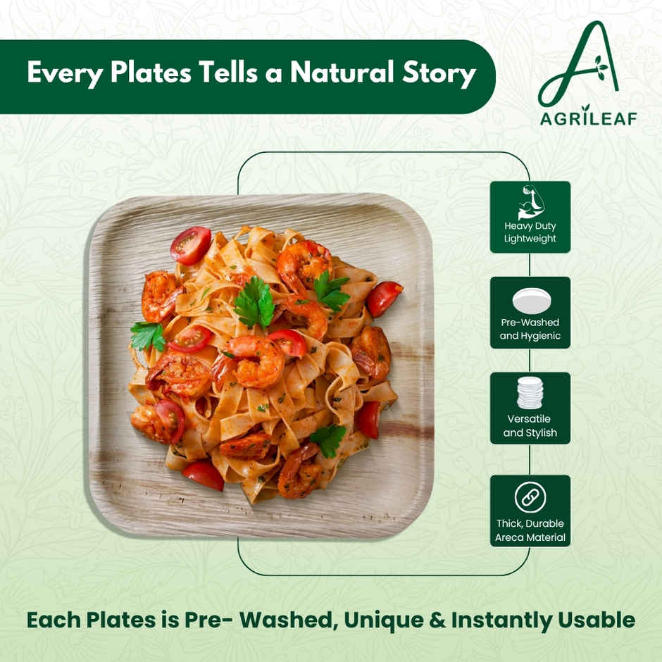 AGRILEAF 10 Inch Square Areca Palm Leaf Disposable Plates with Spoons | 5 Plates + 5 Spoons