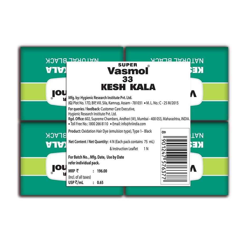 Super Vasmol 33 Kesh Kala , Pack Of 4 I Oil Based Hair Colour I No Ammonia I No Peroxide