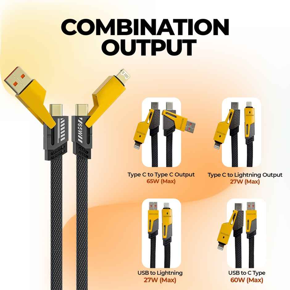 Gizmore 4 in 1 Multi Fast Charging Cable 65W| USB C to C| Lightning & Type C for iPhones| Android