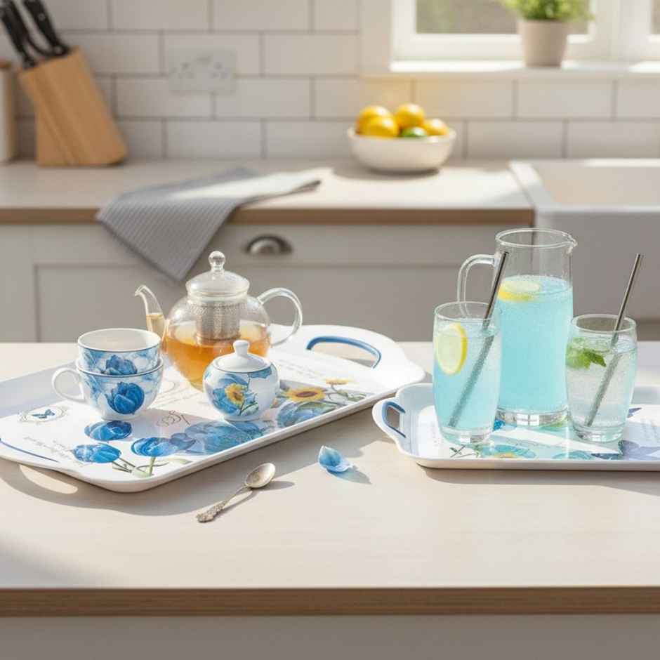 ReeQ 3-Piece Floral Printed Serving Tray Set | Multipurpose Plastic Trays with Handles