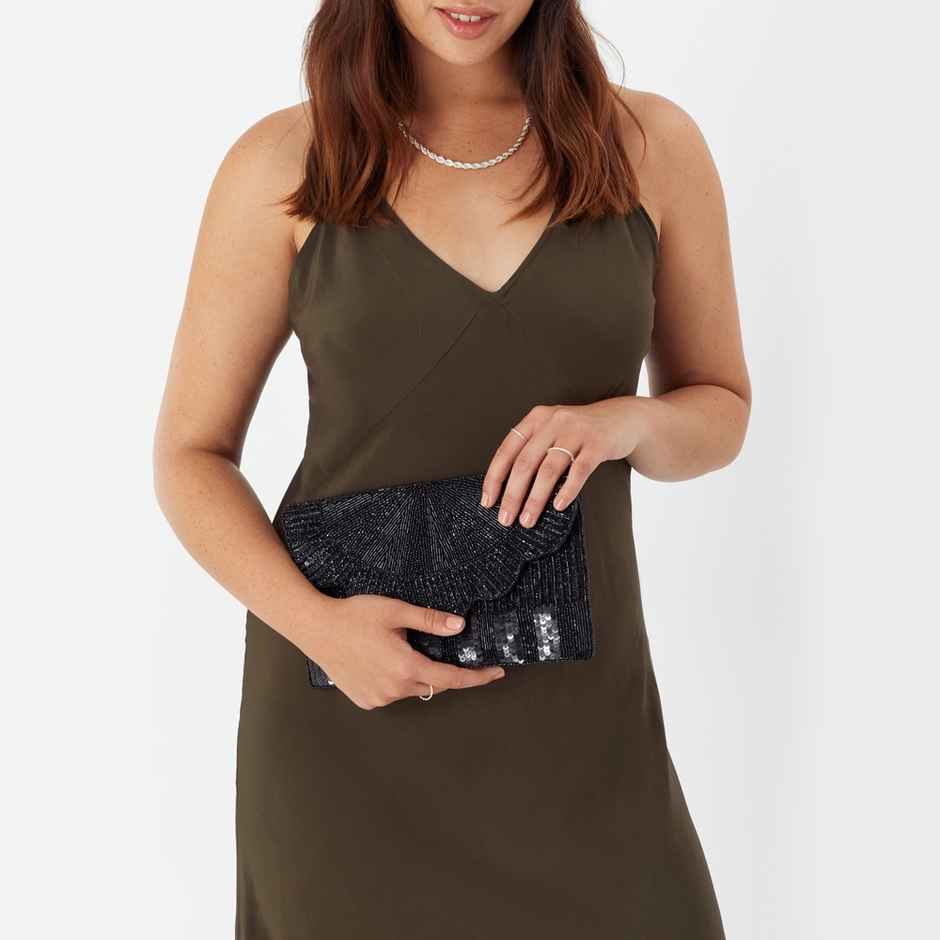 Accessorize London Women's Beaded Scallop Clutch - Black