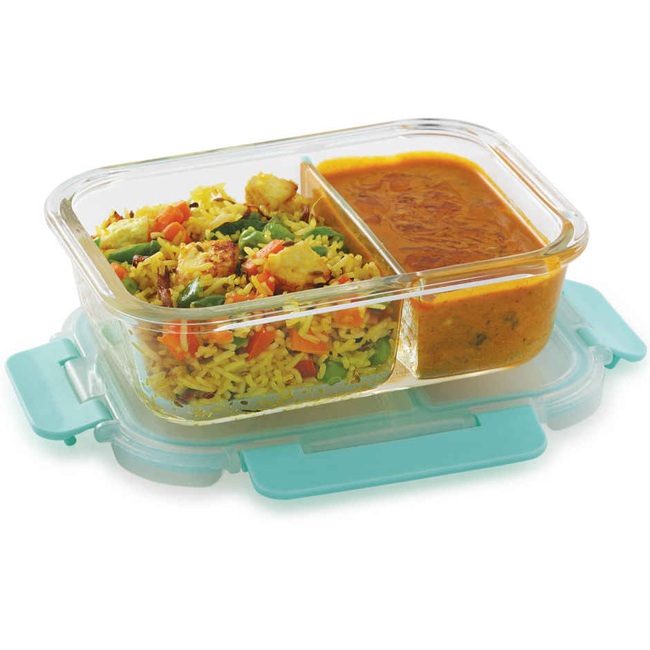 Magnus Glock 580 ml Divider Green Container with Airtight Lid & Detachable Lock, Borosilicate Glass