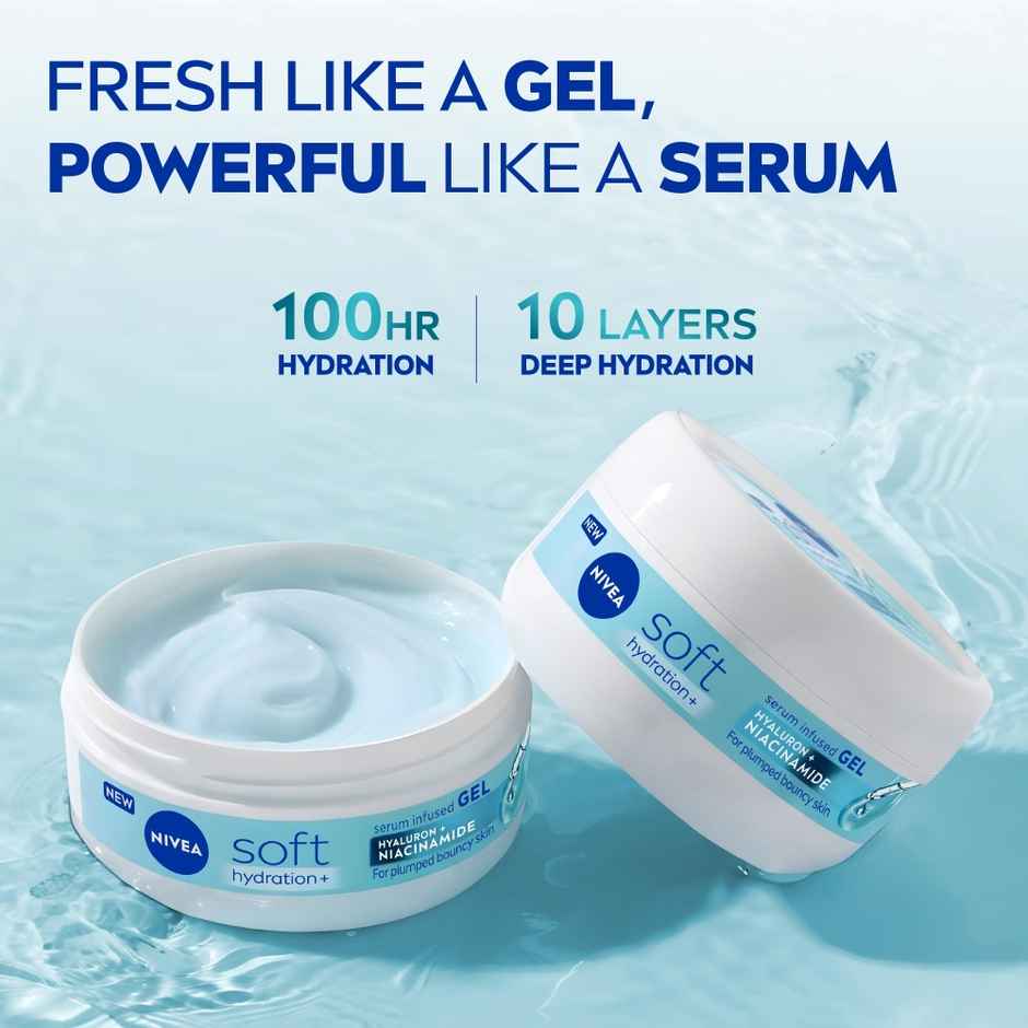 NIVEA Soft Gel Moisturizer, Hyaluron & Niacinamide, 100Hr Hydration, Serum Infused Gel