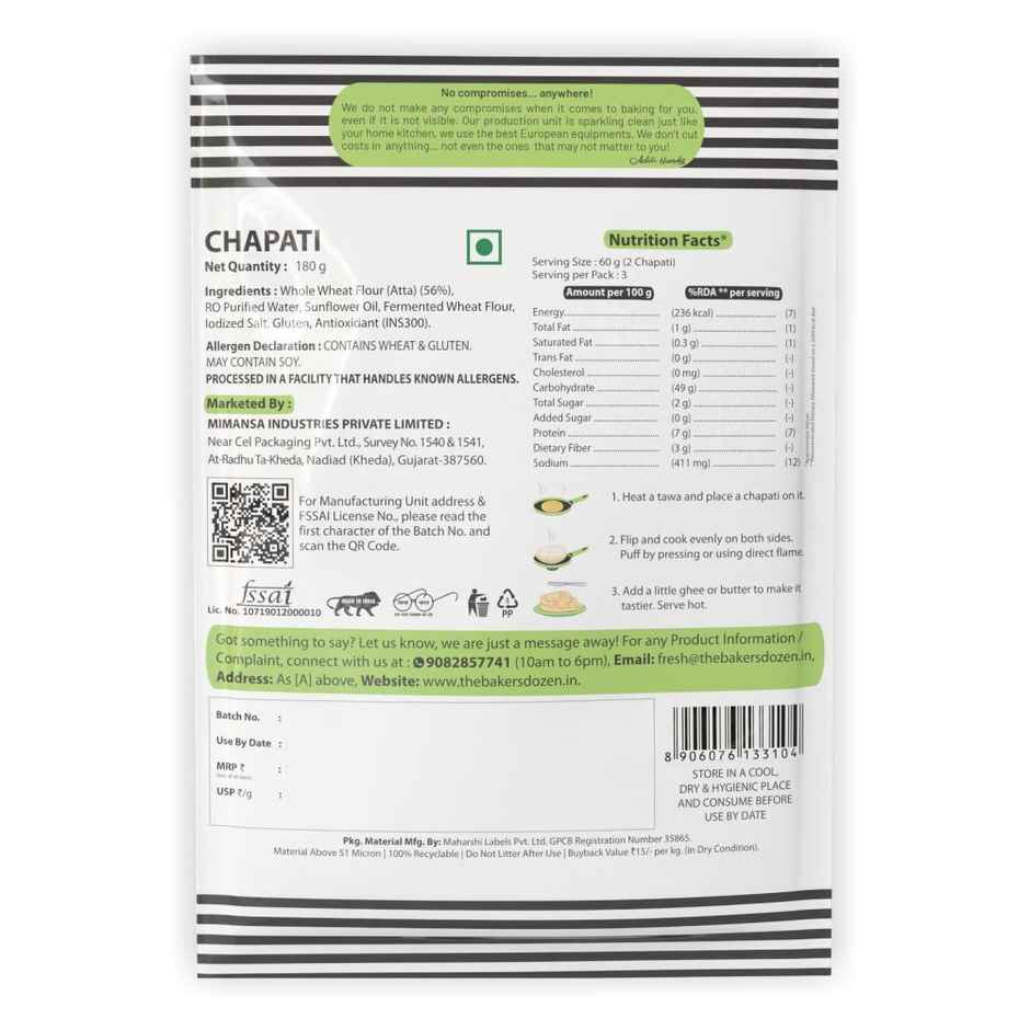 The Baker's Dozen Zero Maida Chapati made from atta | Wheat Chapati | Ready to Eat | Ready to Cook