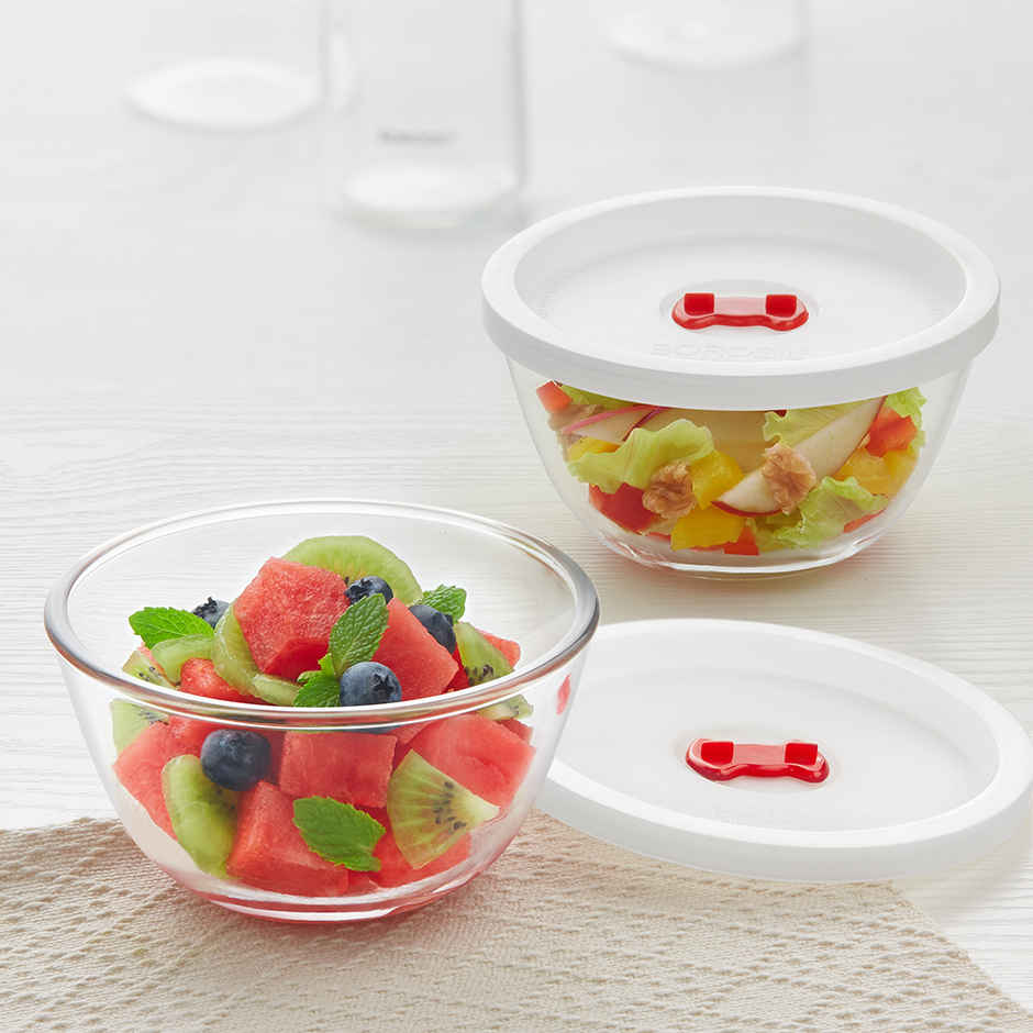 Borosil Glass Mixing & Serving Bowls with Lids | Microwave & Dishwasher Safe | Transparent - 350 ml