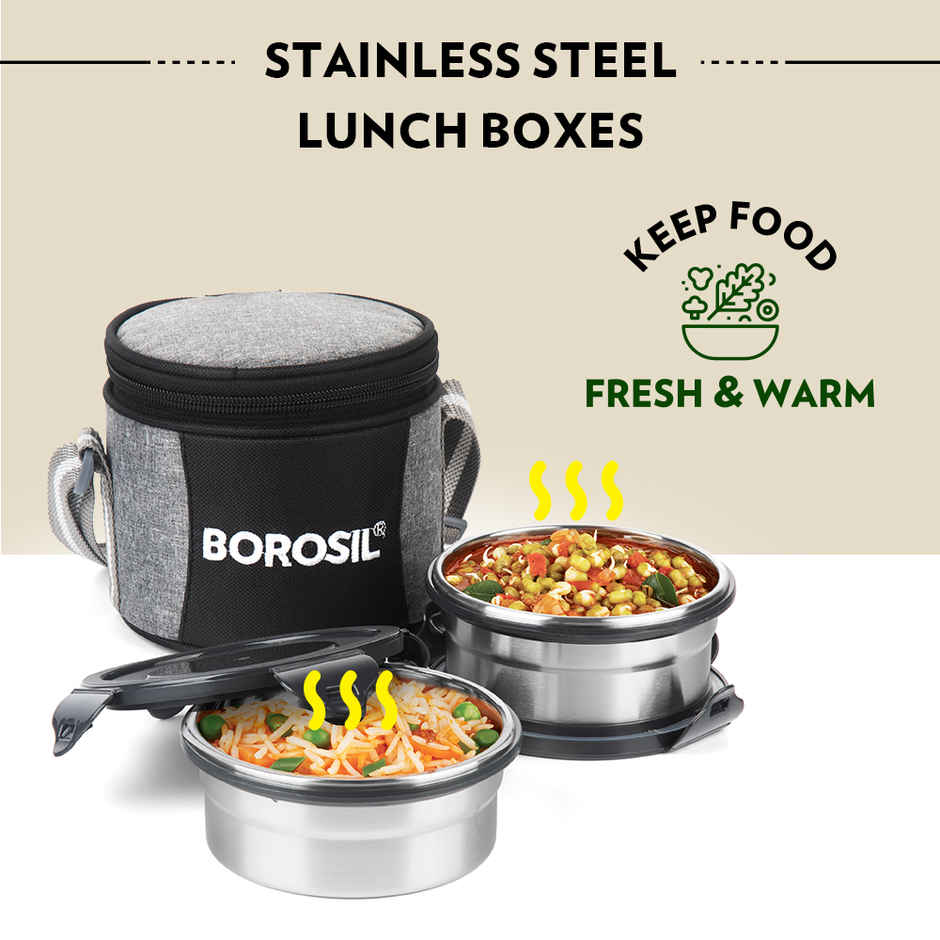 Borosil Feast Stainless Steel Lunchbox with Carry Bag Vertical Tiffin for Office School College