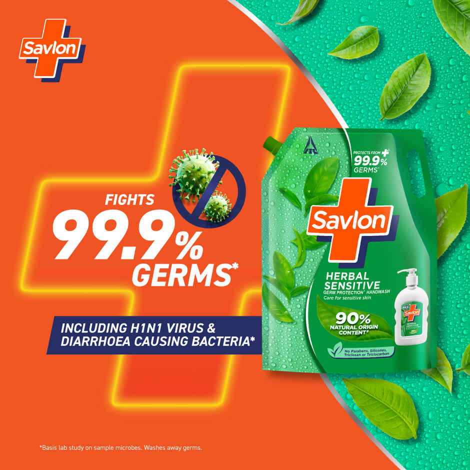 Savlon Herbal Sensitive Handwash Refill Pack 1.3L| Care for sensitive hands|Value Pack
