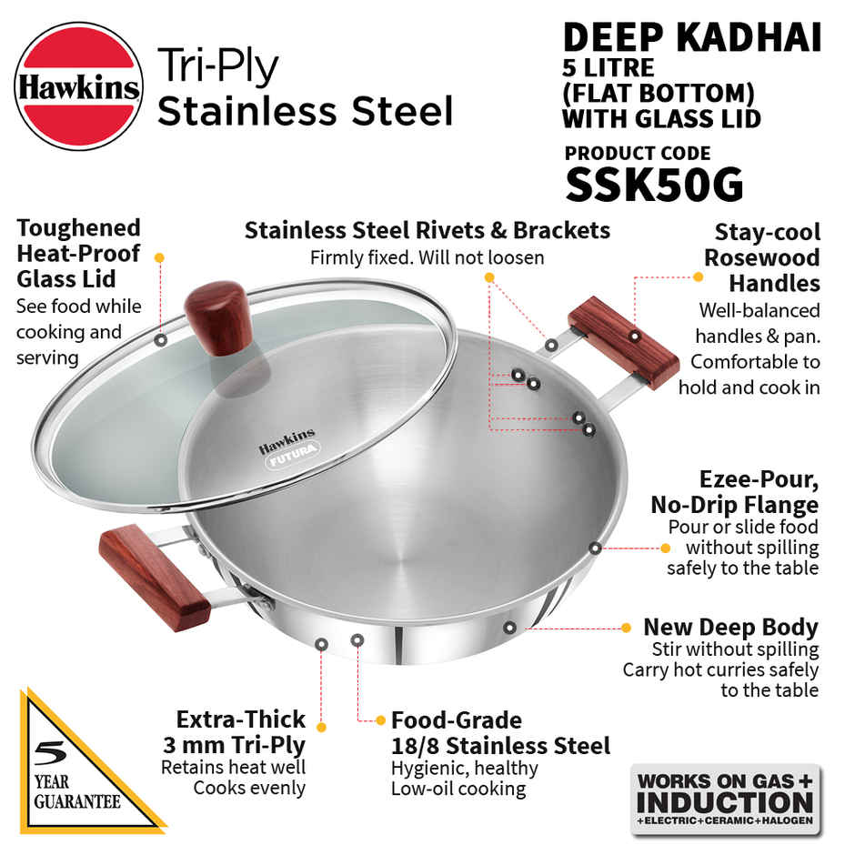 Hawkins Triply Stainless Steel Deep Kadhai with Lid | 5 L | Silver