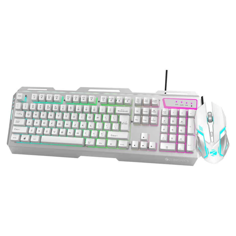 ZEBRONICS Transformer USB Gaming Keyboard & Mouse Combo,Braided Cable,Durable Al Body,Multimedia Keys & Gaming Mouse with 6 Buttons,Multi-Color LED Lights,High-Resolution Sensor with 3200 DPI - White