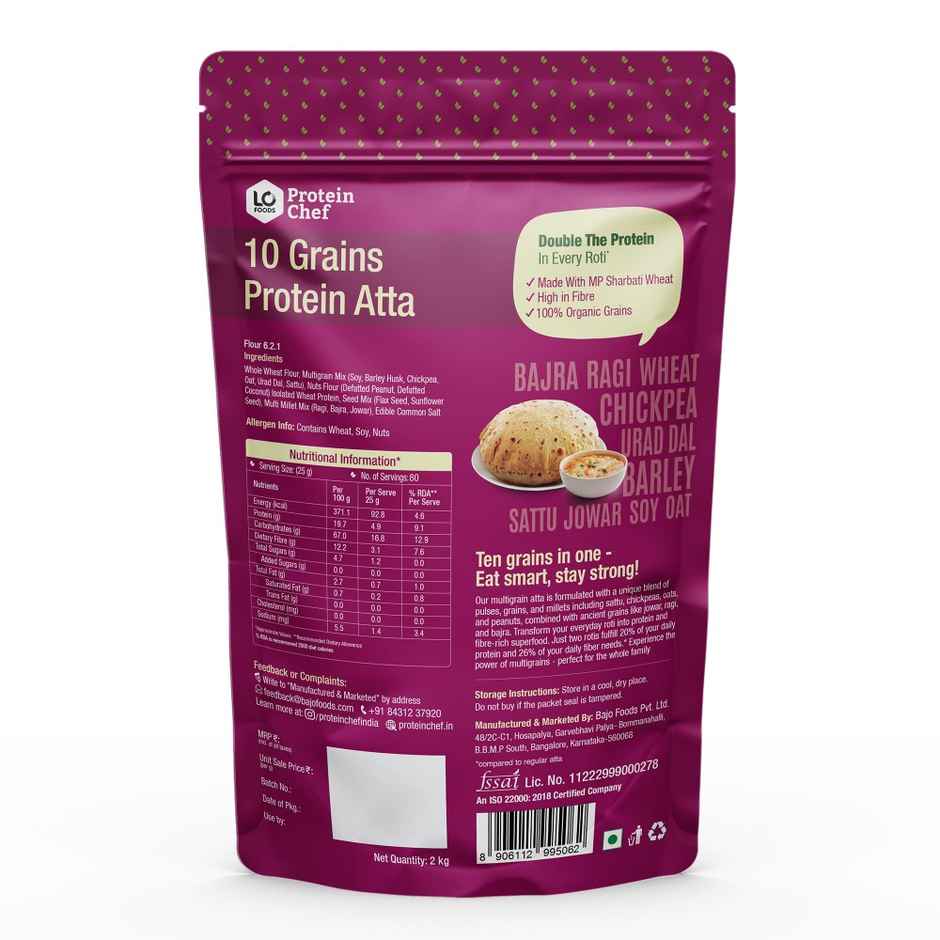 Protein Chef 10 Grain Double Protein Atta- Chakki Multigrain Atta with Millet Jowar Ragi Flour